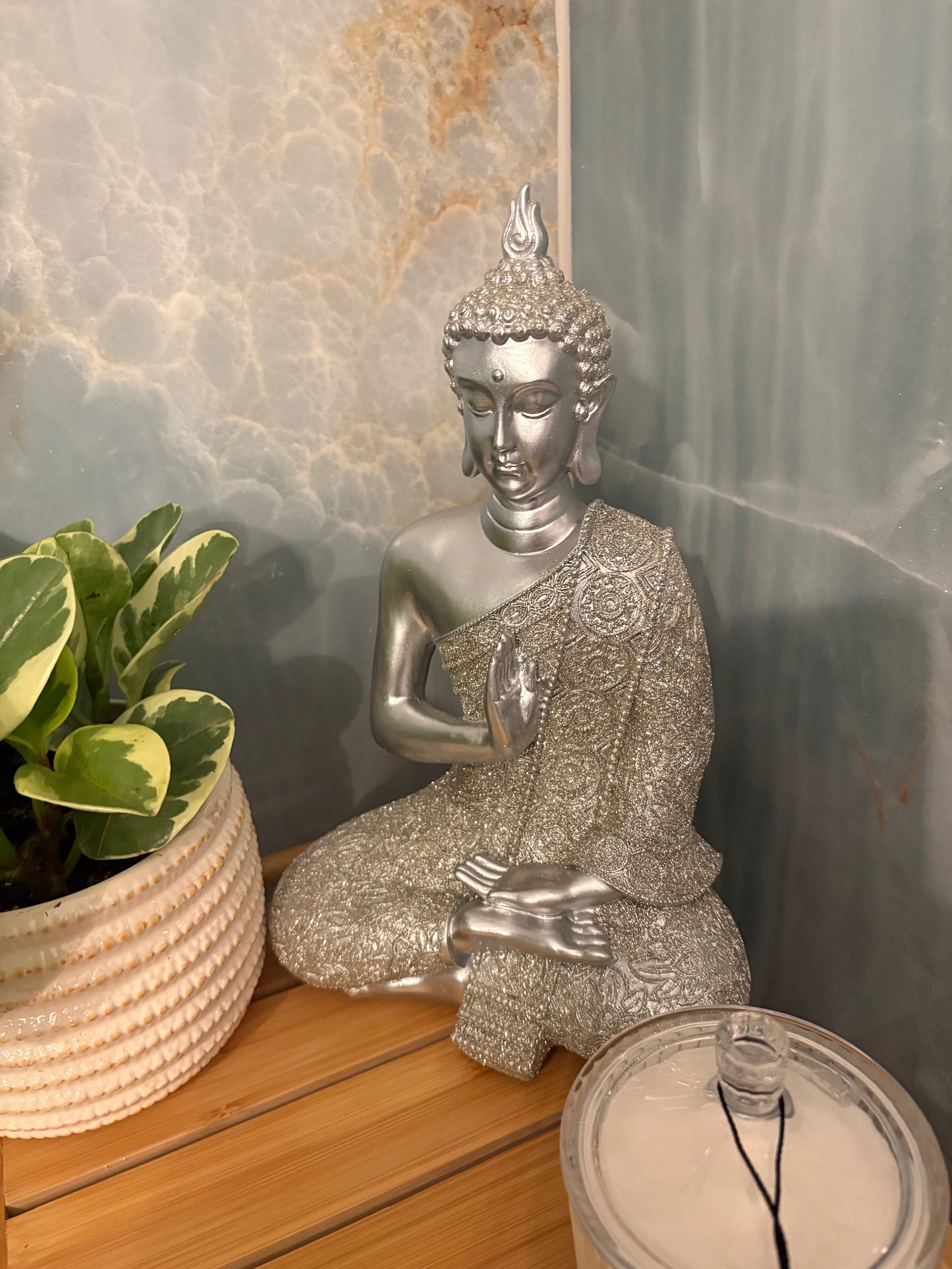 Silver resin meditation buddha. 11.6" x 7.5" x 5.3"