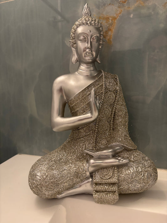 Silver resin meditation buddha. 11.6" x 7.5" x 5.3"